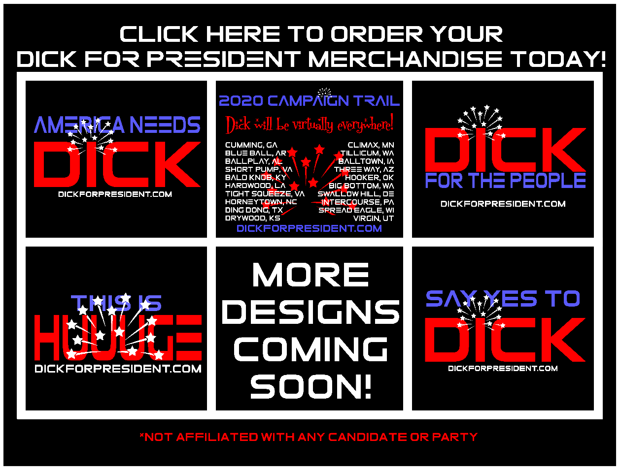 Show your support for Dick! He'll work HARDER & LONGER for your vote.  Order your official Dick For President merchandise today! DIRECT LINK: https://teespring.com/dickforpresident  See more Dick For President designs and LEARN MORE ABOUT THE CAMPAIGN AT: http://DickForPresident.com  Election Day is Coming!  Not affiliated with any political party or candidate. All Images Copyright 2019 